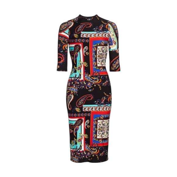 Alice + Olivia Delora Paisley Bodycon Dress Size 6 Colorful Midi Stretch Classic - Picture 7 of 16